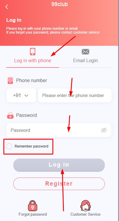 enter details for login in 99club game