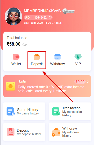 Choose deposit option and enter deposit amount